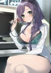  1girl bare_legs blush bra braid breasts cleavage computer_keyboard crossed_legs doctor green_eyes large_breasts long_hair looking_at_viewer love_live!_school_idol_project monitor purple_hair shironboako skirt solo stethoscope thighs toujou_nozomi underwear x-ray 