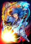  1boy blue_fire blue_hair cape cu_chulainn_(fate/grand_order) fate/grand_order fate_(series) fire highres lancer long_hair red_eyes shimo_(s_kaminaka) solo staff wicker_man 