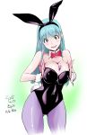  1girl animal_ears blue_hair bowtie breasts bulma bunny_tail bunnysuit cleavage detached_collar detached_sleeves dragon_ball green_eyes konkitto lighter long_hair pantyhose rabbit_ears tail wrist_cuffs 