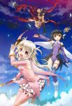  3girls card dark_skin fate/kaleid_liner_prisma_illya fate_(series) highres illyasviel_von_einzbern kuro_(fate/kaleid_liner) long_hair magical_girl magical_sapphire miyu_edelfelt multiple_girls prisma_illya shimotsukiriya sky two_side_up 