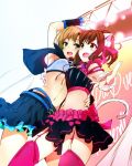  2girls animal_ears brown_hair cat_ears cat_tail fang garter_straps green_eyes idolmaster idolmaster_cinderella_girls maekawa_miku midriff multiple_girls navel nironiro open_mouth over_the_collar short_hair skirt smile tada_riina tail thigh-highs 