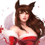  1girl ahri animal_ears breasts brown_hair cleavage detached_sleeves dopey fox_ears fox_tail league_of_legends lips long_hair parted_lips solo tail yellow_eyes 