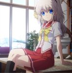  1girl blue_eyes charlotte_(anime) highres kneehighs looking_at_viewer official_art pleated_skirt school_uniform screencap serafuku silver_hair sitting skirt solo tomori_nao twintails two_side_up 
