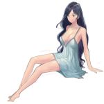  1girl bare_shoulders barefoot black_hair breasts brown_eyes cleavage hidezi large_breasts long_hair nightgown simple_background sitting solo white_background 