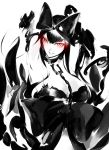  1girl arms_behind_back arms_up black_bow black_hair bow breasts chain choker cleavage glowing glowing_eyes gothic_lolita grin hair_bow kantai_collection large_breasts lolita_fashion long_hair red_eyes seaplane_tender_hime shinkaisei-kan smile solo spikes tugmix white_skin 