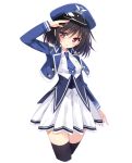  1girl :o black_hair blush buttons hand_on_forehead hat hayakawa_harui jacket long_sleeves monocle necktie open_clothes open_jacket open_mouth original peaked_cap pleated_skirt red_eyes salute simple_background skirt solo thigh-highs uniform white_background zettai_ryouiki 