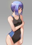  1girl bare_arms blue_eyes blue_hair blush breasts collarbone highres original school_swimsuit seinen short_hair simple_background skindentation solo swimsuit 