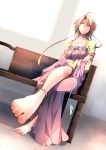  1girl anklet barefoot bench blonde_hair blue_eyes crossed_arms dress earrings feet highres jewelry looking_at_viewer original pov_feet smile tied_hair toes victorian 