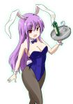  animal_ears bare_arms bare_shoulders black_legwear breasts bunny_girl bunny_tail bunnysuit cleavage cup detached_collar kousei_(public_planet) leotard long_hair looking_at_viewer open_mouth pantyhose purple_hair rabbit_ears red_eyes reisen_udongein_inaba smile tail touhou tray very_long_hair wine_bottle wine_glass wrist_cuffs 
