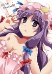  1girl bare_shoulders blush bow crescent_hair_ornament hair_bow hair_ornament hat lingerie long_hair lying negligee on_back patchouli_knowledge purple_hair solo touhou train_90 twitter_username underwear violet_eyes 