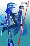  1boy bayonetta bayonetta_(character) bayonetta_(cosplay) blue_hair cosplay fate/stay_night fate_(series) gae_bolg glasses highres lancer o-rui polearm solo spear weapon 
