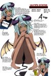  1girl :d alcohol beer beer_can black_nails blue_hair character_profile colored dark_skin demon_girl demon_horns demon_tail demon_wings facial_mark fangs flat_chest green_eyes hard_translated highres horns inui_takemaru lilith_(monster_musume) monster_musume_no_iru_nichijou nail_polish one-piece_swimsuit open_mouth purple_wings school_swimsuit slit_pupils smile squid swimsuit tail wings 