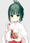  1girl eating green_eyes green_hair grey_background hakama holding itsumi_(itumiyuo) japanese_clothes looking_at_viewer miko ponytail saki solo takimi_haru upper_body 