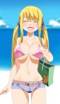  1girl bag bikini_top blonde_hair blush closed_eyes fairy_tail gaston18 long_hair lucy_heartfilia navel ocean open_mouth shorts sky smile solo source_request standing swimsuit twintails water 