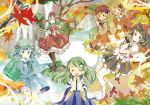  6+girls aki_minoriko aki_shizuha autumn backpack bag black_hair blonde_hair blue_eyes blue_hair bow camera closed_eyes detached_sleeves dress food frills frog frog_hair_ornament front_ponytail fruit grapes green_eyes green_hair hair_bobbles hair_bow hair_ornament hair_ribbon hands_clasped hat highres kagiyama_hina kawashiro_nitori key kochiya_sanae leaf long_hair maple_leaf multiple_girls onigiri_(ginseitou) open_mouth red_eyes ribbon shameimaru_aya short_hair siblings sisters skirt smile snake snake_hair_ornament tokin_hat torii touhou tree twintails two_side_up water 