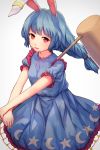  1girl animal_ears blue_dress blue_hair braid dress highres looking_at_viewer mallet open_mouth puffy_short_sleeves puffy_sleeves rabbit_ears red_eyes seiran_(touhou) shone short_sleeves smile solo touhou 