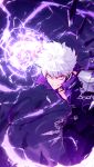  1boy absurdres add_(elsword) clenched_hand elsword energy facial_mark grin highres hwansang jewelry lunatic_psyker_(elsword) male_focus necklace pants purple_shirt shirt smile solo tattoo violet_eyes white_hair 