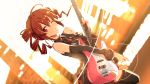  1girl ahoge backlighting detached_sleeves domo1220 drill_hair dutch_angle electric_guitar guitar highres instrument kasane_teto red_eyes redhead skirt solo thighhighs twin_drills wink 