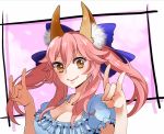  1girl \m/ animal_ears breasts caster_(fate/extra) cleavage fate/extra fate_(series) fox_ears fox_tail frilled_shirt hair_ribbon pink_hair ribbon shiki_(sichukin) solo tail twintails yellow_eyes 