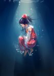  1girl ajisa arm_ribbon ascot barefoot black_hair bow bubble closed_eyes detached_sleeves floating hair_bow hair_tubes hakurei_reimu highres light light_rays open_mouth ponytail red_skirt ribbon ribbon-trimmed_sleeves ribbon_trim ripples skirt sleeveless solo sunbeam sunlight touhou underwater 