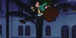  2boys 70s animated animated_gif arsene_lupin_iii bag bandit beard black_hair building castle_of_cagliostro facial_hair formal hat jigen_daisuke jumping lowres lupin_iii money multiple_boys obstacle_race oldschool palm_tree parody running shoes short_hair sideburns tree 