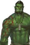 amulet angry beard bodypaint chest_hair dopey facial_hair green_skirt highres jewelry male_focus multicolored_hair muscle necklace nipples pectorals red_eyes scowl shirtless short_hair skirt teeth the_elder_scrolls two-tone_hair very_short_hair 
