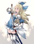  1girl armor black_legwear blonde_hair blue_bow blue_dress blue_eyes bow bravely_default:_flying_fairy bravely_second breasts cleavage dress edea_lee gauntlets hair_bow holding holding_sword holding_weapon katana long_hair no_nose official_art sheath sheathed short_dress shoulder_pads smile solo sword thigh-highs unsheathing weapon yoshida_akihiko zettai_ryouiki 