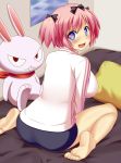  +_+ 1girl barefoot blue_eyes blush bow breasts buruma hair_bow hibari_(senran_kagura) highres large_breasts looking_at_viewer looking_back open_mouth pink_hair rabbit senran_kagura senran_kagura_(series) short_hair short_twintails sitting smile solo stuffed_toy symbol-shaped_pupils track_jacket twintails wariza yukinoserizawa 