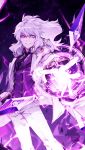  1boy absurdres add_(elsword) black_necktie coat elsword energy evil_smile grin hand_in_pocket highres hwansang long_hair male_focus mastermind_(elsword) pants ponytail purple_shirt shirt sidelocks smile solo violet_eyes white_hair 