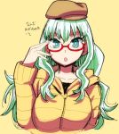  1girl adjusting_glasses anima_(samidare) aqua_eyes bespectacled breasts casual check_translation glasses green_hair hat hoodie hoshi_no_samidare large_breasts long_hair looking_at_viewer mizukami_satoshi open_mouth red-framed_glasses semi-rimless_glasses solo translation_request under-rim_glasses yellow_background 