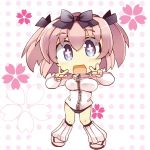  +_+ 1girl blue_eyes bow breasts buruma chibi double_v hair_bow hibari_(senran_kagura) large_breasts open_mouth pink_hair senran_kagura senran_kagura_(series) shirogane_(platinum) short_hair short_twintails smile solo symbol-shaped_pupils track_jacket twintails v 