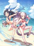  2girls ;d beach bikini black_hair blue_eyes braid breasts carrying character_request dolphin double_bun dragon_girl dragon_tail fang haku_(p&amp;d) head_fins highres karin_(p&amp;d) long_hair looking_at_viewer multicolored_hair multiple_girls ocean one_eye_closed open_mouth puzzle_&amp;_dragons sandals smile solo swimsuit tail tiger_tail twin_braids two-tone_hair under_boob water water_gun white_bikini white_hair white_swimsuit yellow_eyes yellowpaint. 