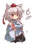  1girl animal_ears blush breast_grab breasts detached_sleeves hat inubashiri_momiji no_bra pom_pom_(clothes) red_eyes ryogo short_hair silver_hair simple_background solo sweat tokin_hat touhou white_background wolf_ears 