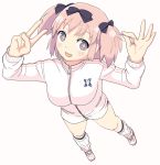  +_+ 1girl blue_eyes blush bow breasts buruma hair_bow hibari_(senran_kagura) irohatori large_breasts looking_at_viewer open_mouth pink_hair senran_kagura senran_kagura_(series) short_hair short_twintails smile solo solo_focus symbol-shaped_pupils track_jacket twintails v 