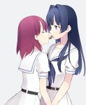  2girls blue_eyes blue_hair closed_eyes cookie dress food grey_background hirose_sumire holding_hands itsumi_(itumiyuo) long_hair looking_at_another miyanaga_teru mouth_hold multiple_girls neckerchief red_eyes redhead sailor_dress saki school_uniform short_hair standing upper_body white_dress 