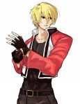  1boy adjusting_clothes adjusting_gloves blonde_hair fatal_fury fingerless_gloves gloves jacket king_of_fighters male_focus ogros red_eyes rock_howard solo upper_body 