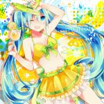  1girl arm_up belt bikini_top blue_eyes blue_hair earrings food_themed_clothes hatsune_miku jewelry long_hair navel one_eye_closed open_mouth skirt solo trigger_discipline twintails very_long_hair vocaloid water_gun weapon yuruno 