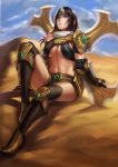  1girl arm_support armor arms_at_sides bangs black_hair blue_eyes breasts brown_legwear cleavage halterneck highres hou_akira kneehighs league_of_legends long_hair looking_up midriff parted_bangs scarf sitting sivir solo under_boob weapon white_scarf 