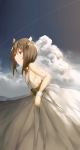  1girl bare_shoulders blush brown_eyes brown_hair clouds condensation_trail dress headband headgear hews_hack highres jewelry kantai_collection looking_at_viewer ring short_hair sky smile solo taihou_(kantai_collection) wedding_dress wedding_ring 