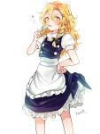  1girl apron black_dress blonde_hair braid dress hand_on_hip kirisame_marisa long_hair looking_at_viewer no_hat popsicle puffy_short_sleeves puffy_sleeves rosette_(roze-ko) short_sleeves simple_background solo tongue touhou waist_apron wavy_hair yellow_eyes 