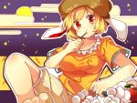  1girl animal_ears blonde_hair blush breasts dango eating food hat holding looking_at_viewer matryoshka_(borscht) moon rabbit_ears red_eyes ringo_(touhou) short_hair short_sleeves solo star_(sky) touhou wagashi 