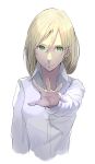  1girl blonde_hair dress_shirt foreshortening green_eyes hair_between_eyes hidezi outstretched_hand shirt simple_background solo white_background 