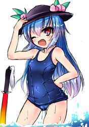  blue_hair blush hand_on_hip hat hinanawi_tenshi karasuma_amiru long_hair open_mouth pink_eyes school_swimsuit shiny simple_background swimsuit sword touhou water weapon wet 