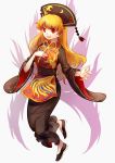  1girl black_dress chinese_clothes crescent_moon dress fox_(770205490) fox_tail hand_on_own_chest hat highres junko_(touhou) long_hair long_sleeves moon multiple_tails open_mouth orange_hair red_eyes ribbon sash simple_background smile solo tabard tail touhou white_background wide_sleeves 