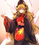  1girl black_dress chinese_clothes crescent_moon dress eredhen fox_tail hat junko_(touhou) long_hair long_sleeves moon multiple_tails orange_hair red_eyes ribbon sash solo tabard tail touhou very_long_hair wide_sleeves 