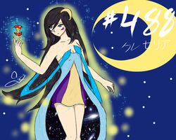  1girl bare_shoulders black_hair blue blue_eyes closed_mouth cresselia gijinka leftovers long_hair magiakarta moon night nintendo personification pokemon psychic_type shiny solo space thigh_highs 