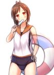  1girl blush brown_hair highres i-401_(kantai_collection) kantai_collection looking_at_viewer n@ss orange_eyes ponytail popsicle short_hair simple_background solo swimsuit swimsuit_under_clothes twitter_username white_background 
