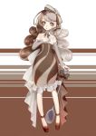  1girl bare_shoulders bow brown_dress brown_eyes brown_hair cafe_au_lait detached_sleeves dress food_themed_clothes hat hat_bow long_hair looking_at_viewer multicolored_hair original personification pocketland pointing pointing_up shoes silver_hair solo spoon striped striped_background two-tone_hair wavy_hair xanxus3032 