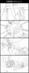  4koma braid comic duct_tape earrings emphasis_lines graphite_(medium) highres jean_pierre_polnareff jewelry jojo_no_kimyou_na_bouken monochrome refrigerator sweat throwing traditional_media translation_request utano wristband 