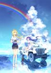  2girls anklet bare_shoulders barefoot blonde_hair boots camera dress hair_ribbon jeep jewelry legs long_hair mimosa motor_vehicle multiple_girls original ponytail purple_hair rainbow red_eyes reflection ribbon ripples shoes_removed shorts single_shoe sky vehicle very_long_hair violet_eyes water 